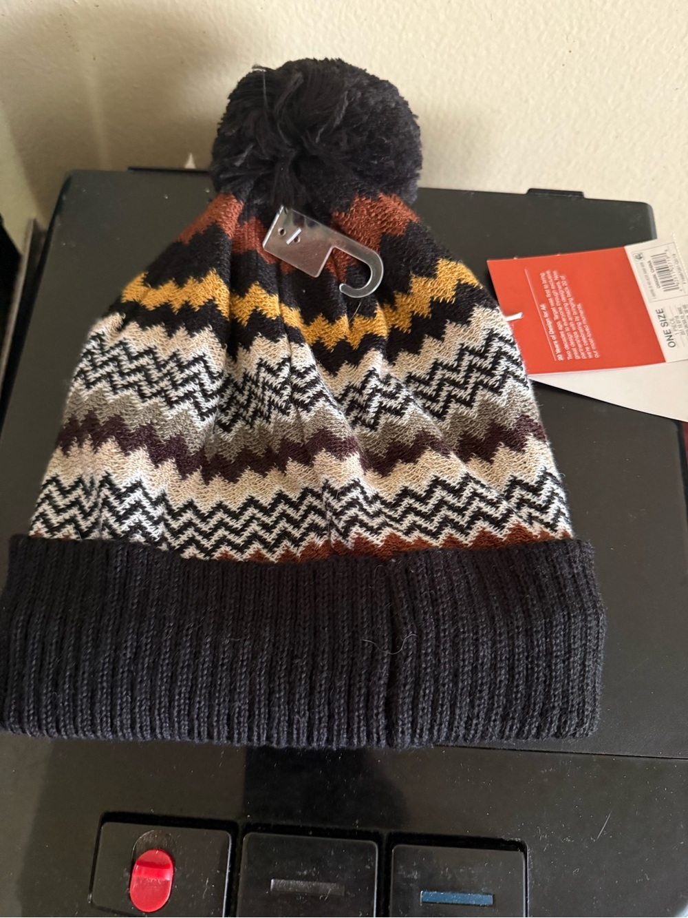 Missoni Black Cuff Pom-Pom Beanie with Multicolor Zigzag